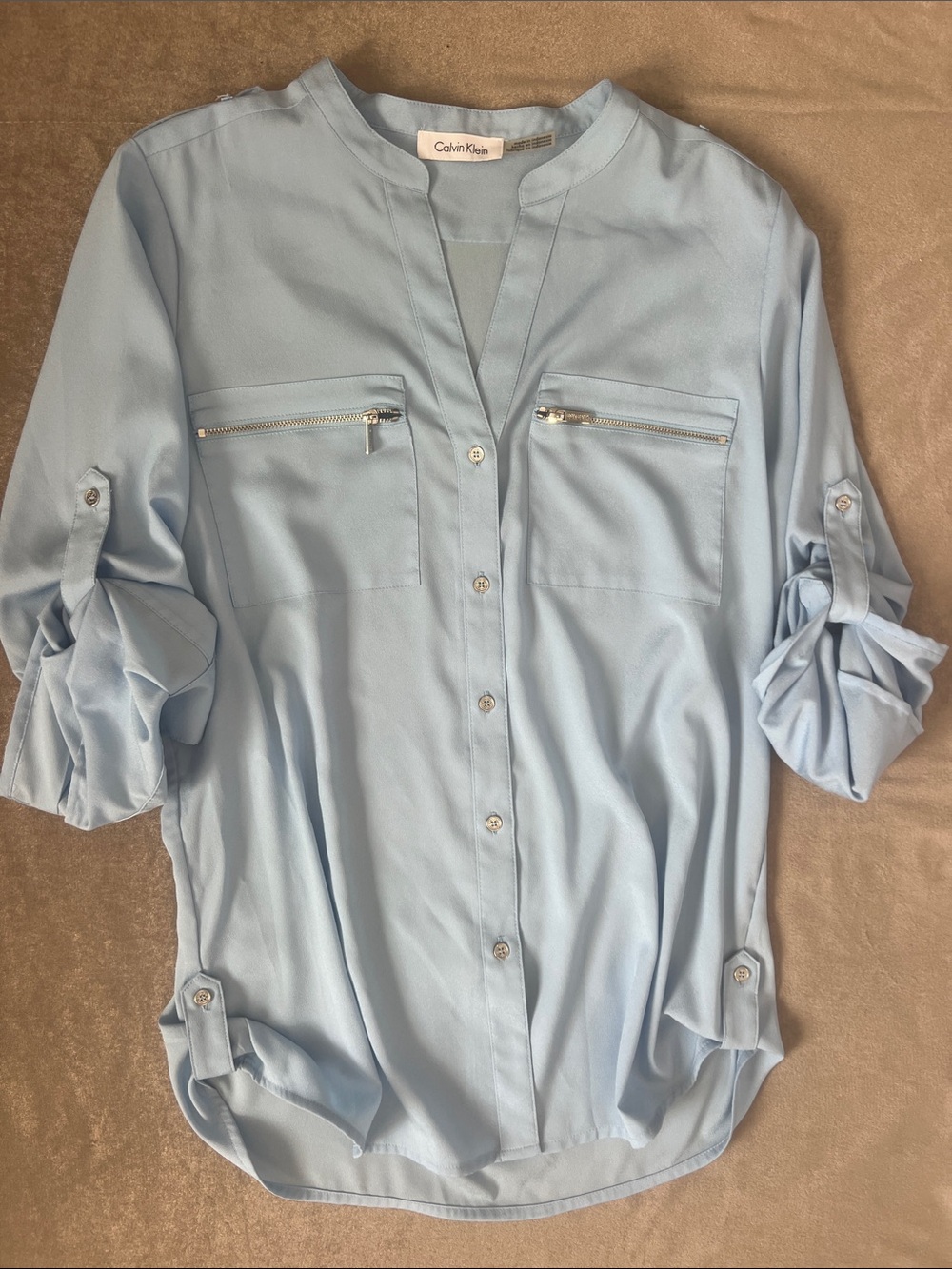 Calvin Klein Pale Blue Button-Front Roll-Tab Blouse
